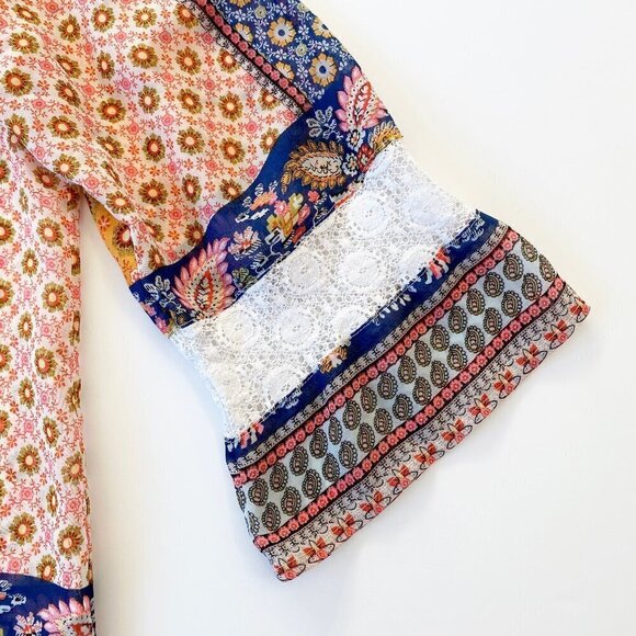 Fig & Flower Blouse Top Boho Relaxed Fit Chiffon Lace Floral Kimono Flowy - Picture 6 of 10